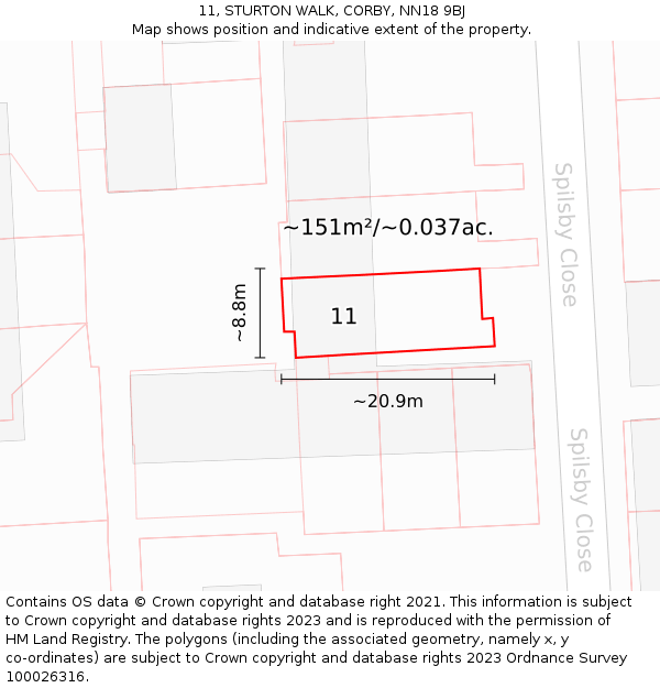 11, STURTON WALK, CORBY, NN18 9BJ: Plot and title map