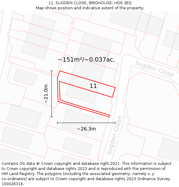 11, SUGDEN CLOSE, BRIGHOUSE, HD6 3EQ: Plot and title map