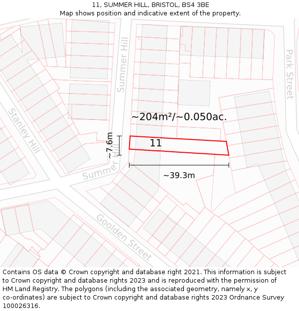 11, SUMMER HILL, BRISTOL, BS4 3BE: Plot and title map