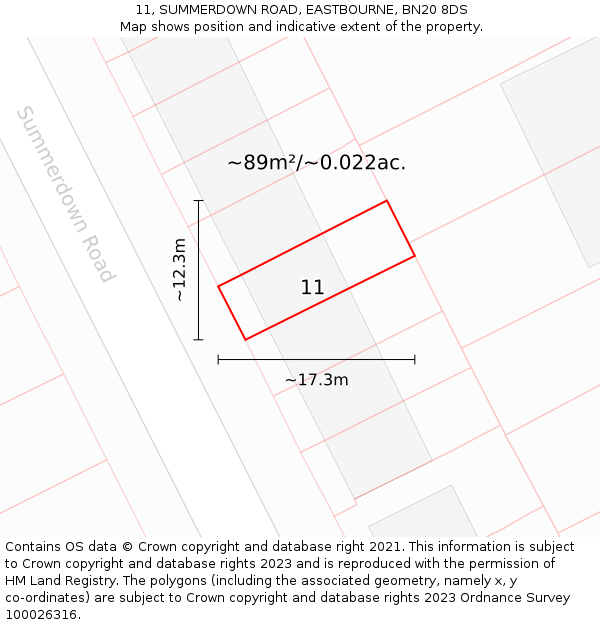 11, SUMMERDOWN ROAD, EASTBOURNE, BN20 8DS: Plot and title map