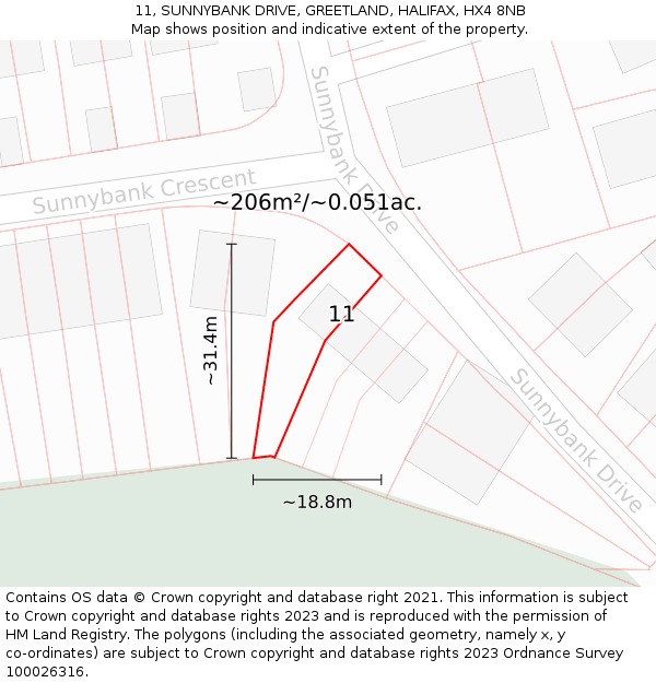 11, SUNNYBANK DRIVE, GREETLAND, HALIFAX, HX4 8NB: Plot and title map