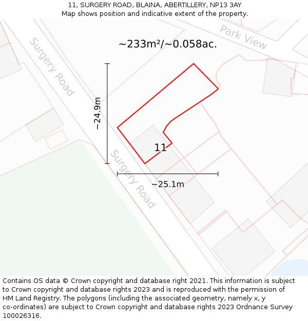 11, SURGERY ROAD, BLAINA, ABERTILLERY, NP13 3AY: Plot and title map