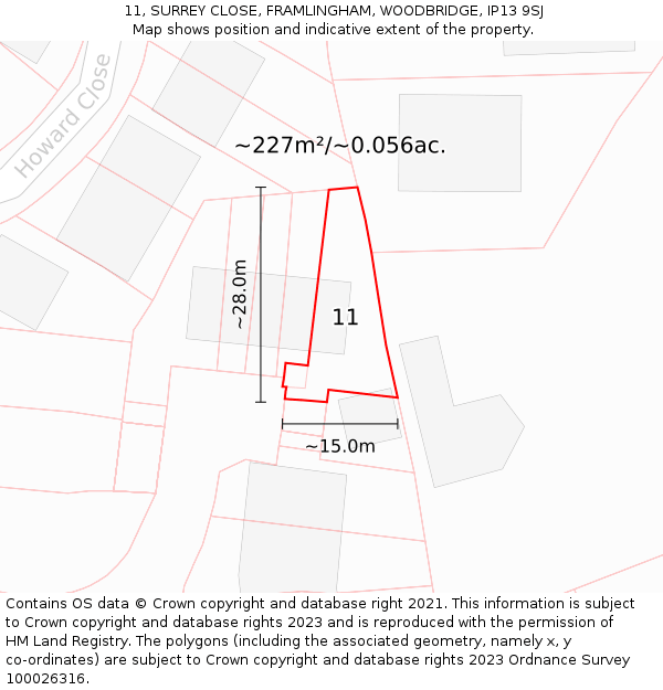 11, SURREY CLOSE, FRAMLINGHAM, WOODBRIDGE, IP13 9SJ: Plot and title map