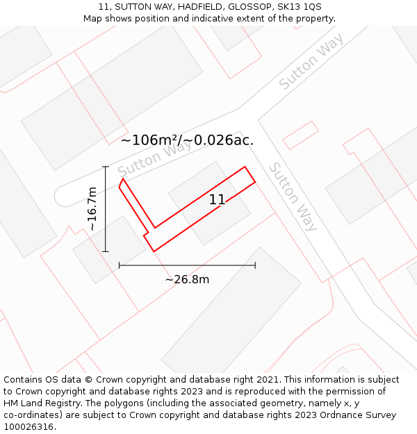 11, SUTTON WAY, HADFIELD, GLOSSOP, SK13 1QS: Plot and title map