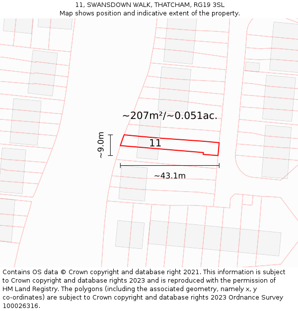 11, SWANSDOWN WALK, THATCHAM, RG19 3SL: Plot and title map