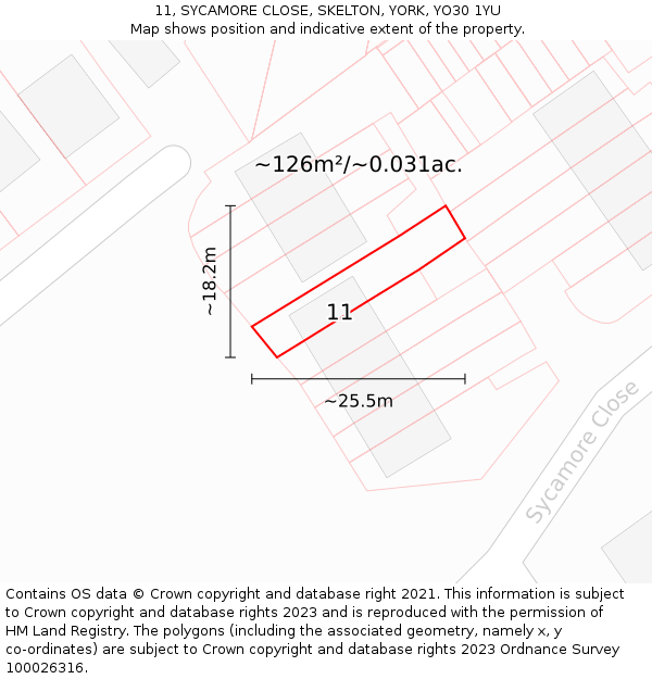 11, SYCAMORE CLOSE, SKELTON, YORK, YO30 1YU: Plot and title map