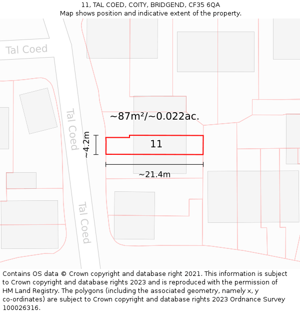 11, TAL COED, COITY, BRIDGEND, CF35 6QA: Plot and title map