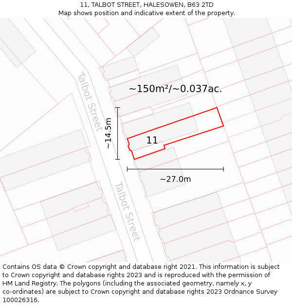 11, TALBOT STREET, HALESOWEN, B63 2TD: Plot and title map