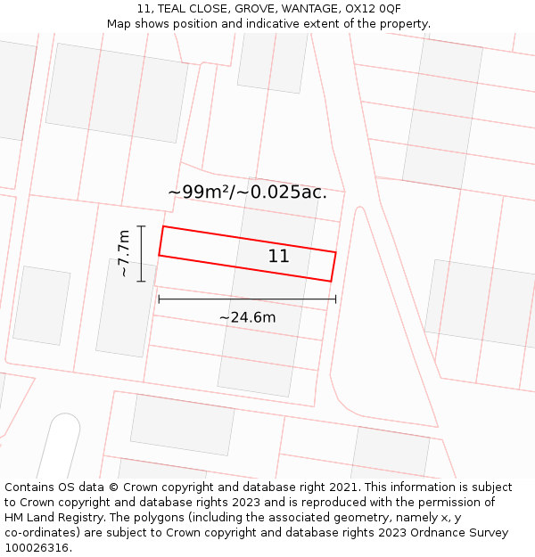 11, TEAL CLOSE, GROVE, WANTAGE, OX12 0QF: Plot and title map