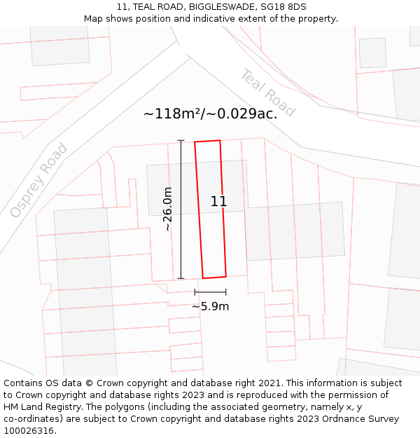 11, TEAL ROAD, BIGGLESWADE, SG18 8DS: Plot and title map
