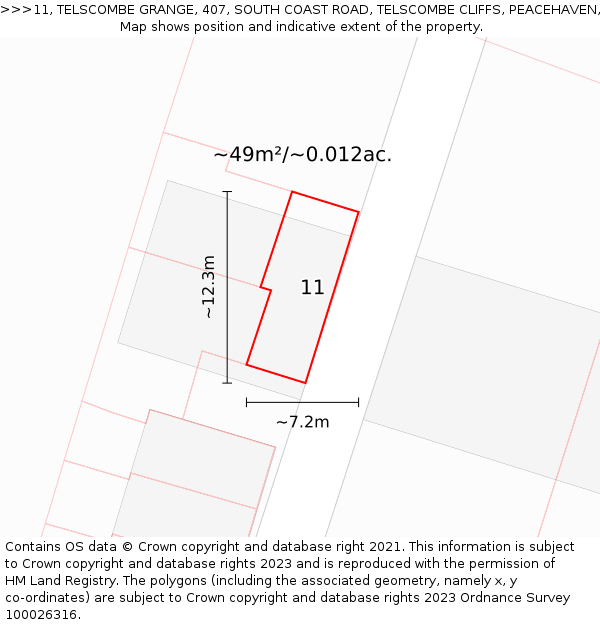 11, TELSCOMBE GRANGE, 407, SOUTH COAST ROAD, TELSCOMBE CLIFFS, PEACEHAVEN, BN10 7AF: Plot and title map