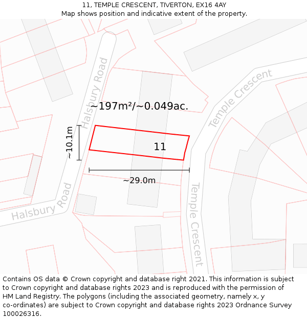 11, TEMPLE CRESCENT, TIVERTON, EX16 4AY: Plot and title map