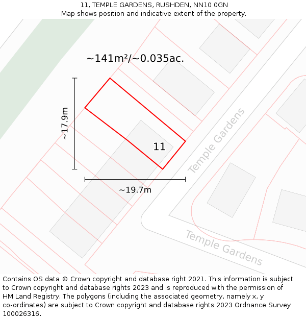 11, TEMPLE GARDENS, RUSHDEN, NN10 0GN: Plot and title map