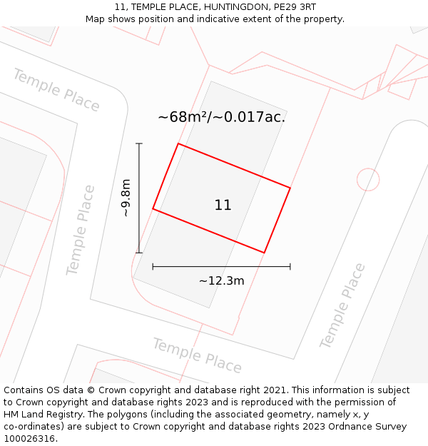 11, TEMPLE PLACE, HUNTINGDON, PE29 3RT: Plot and title map