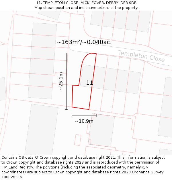 11, TEMPLETON CLOSE, MICKLEOVER, DERBY, DE3 9DR: Plot and title map