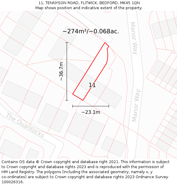 11, TENNYSON ROAD, FLITWICK, BEDFORD, MK45 1QN: Plot and title map