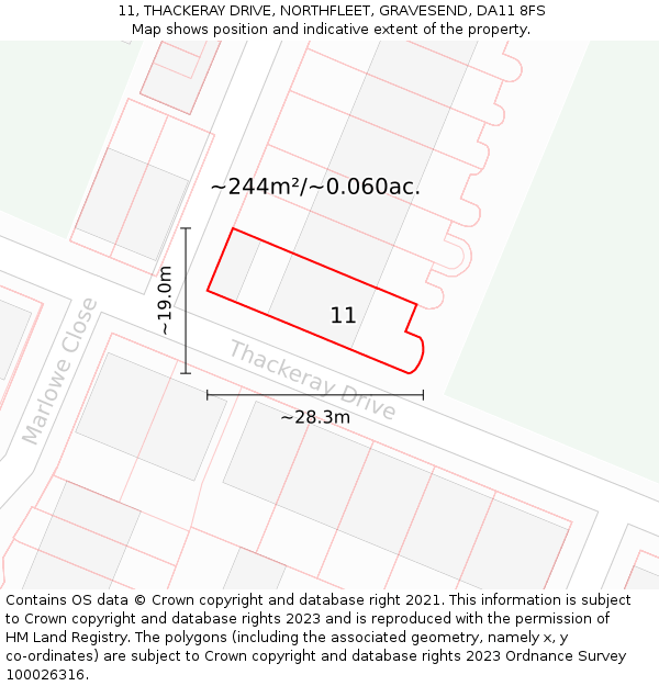 11, THACKERAY DRIVE, NORTHFLEET, GRAVESEND, DA11 8FS: Plot and title map