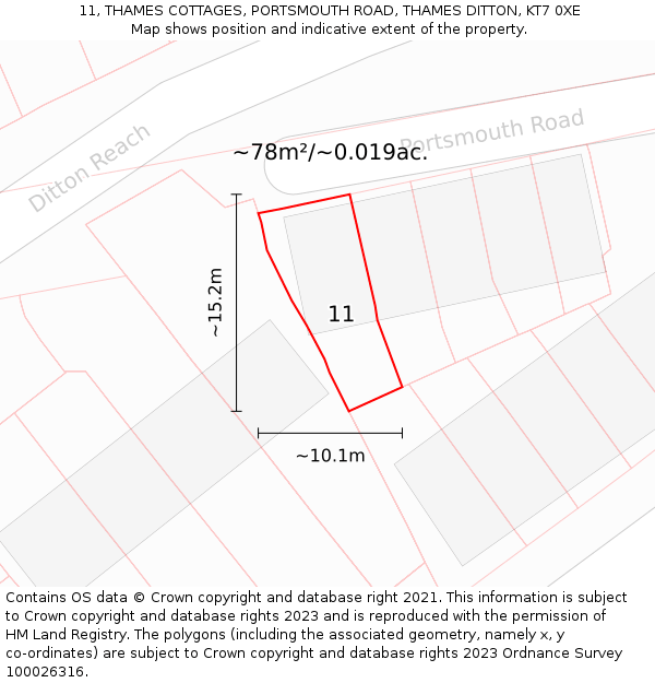 11, THAMES COTTAGES, PORTSMOUTH ROAD, THAMES DITTON, KT7 0XE: Plot and title map