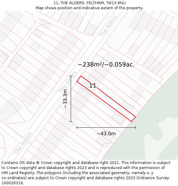 11, THE ALDERS, FELTHAM, TW13 6NU: Plot and title map