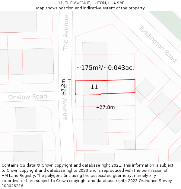 11, THE AVENUE, LUTON, LU4 9AF: Plot and title map