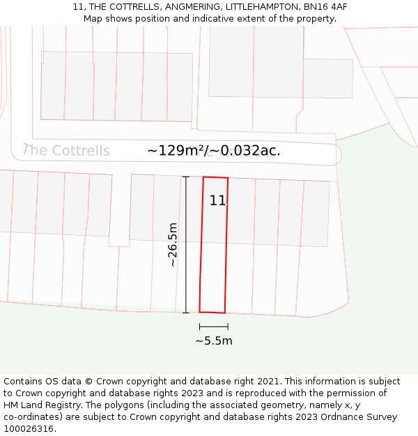 11, THE COTTRELLS, ANGMERING, LITTLEHAMPTON, BN16 4AF: Plot and title map