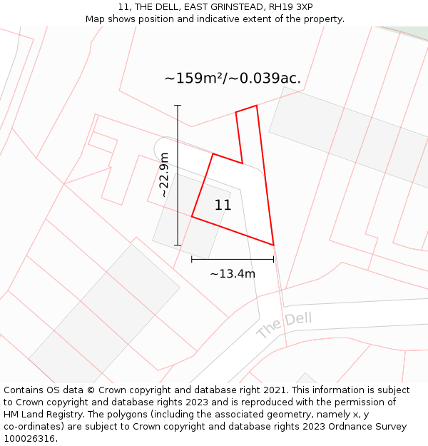 11, THE DELL, EAST GRINSTEAD, RH19 3XP: Plot and title map