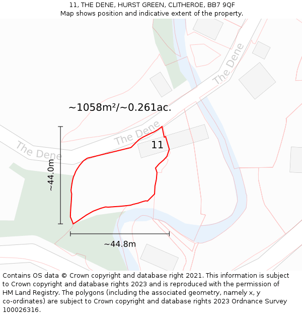 11, THE DENE, HURST GREEN, CLITHEROE, BB7 9QF: Plot and title map