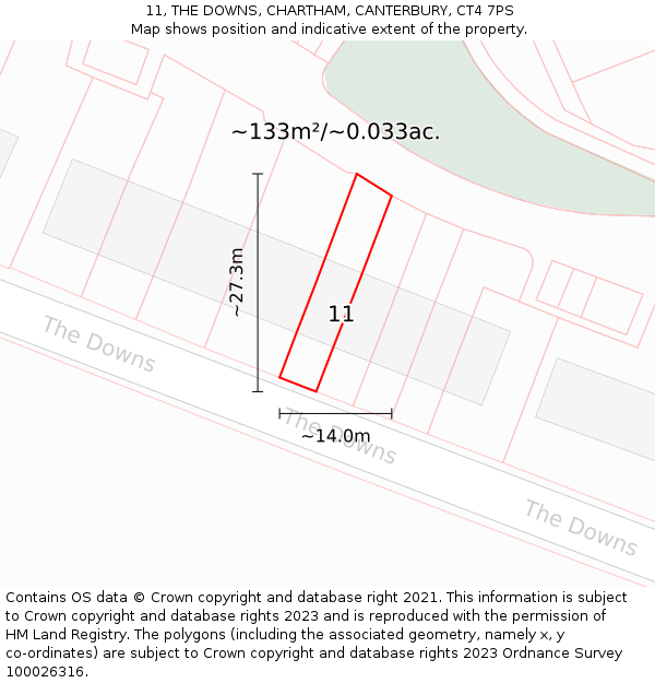 11, THE DOWNS, CHARTHAM, CANTERBURY, CT4 7PS: Plot and title map