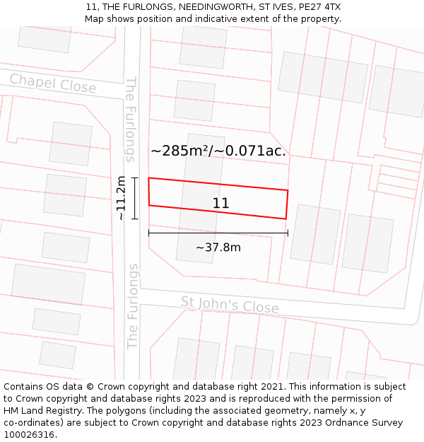 11, THE FURLONGS, NEEDINGWORTH, ST IVES, PE27 4TX: Plot and title map