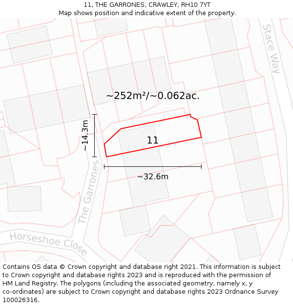11, THE GARRONES, CRAWLEY, RH10 7YT: Plot and title map