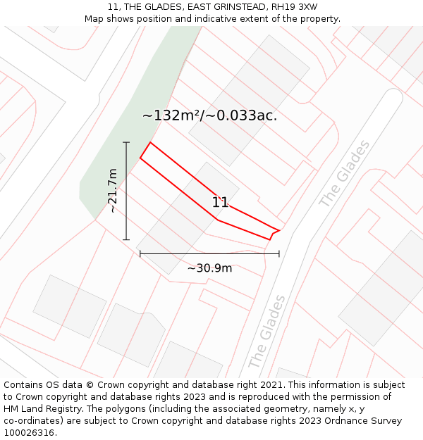 11, THE GLADES, EAST GRINSTEAD, RH19 3XW: Plot and title map