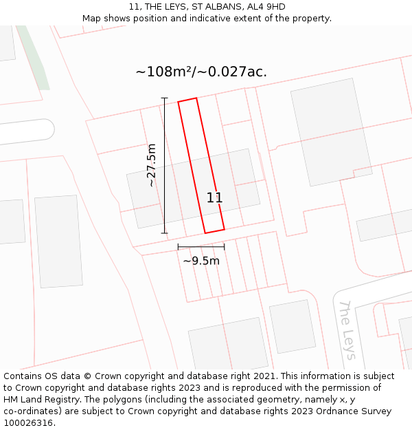 11, THE LEYS, ST ALBANS, AL4 9HD: Plot and title map