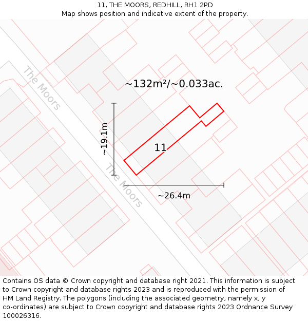 11, THE MOORS, REDHILL, RH1 2PD: Plot and title map