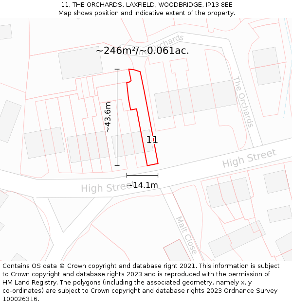 11, THE ORCHARDS, LAXFIELD, WOODBRIDGE, IP13 8EE: Plot and title map