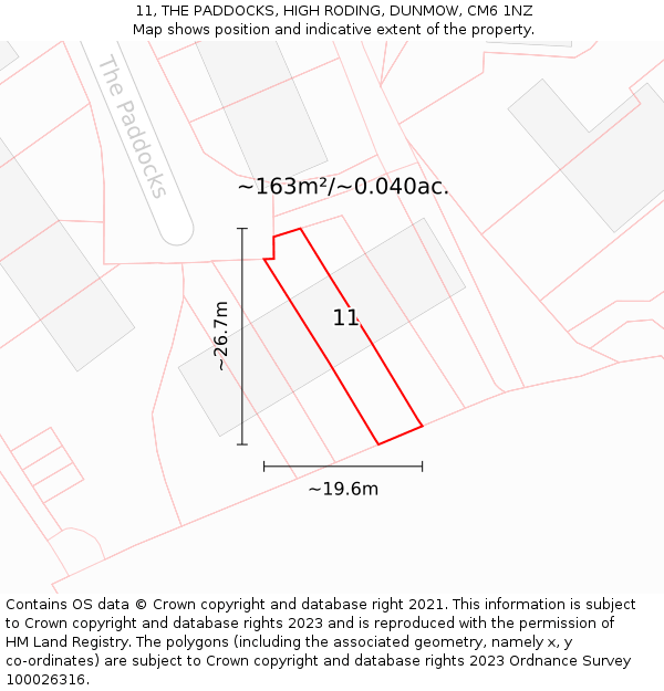 11, THE PADDOCKS, HIGH RODING, DUNMOW, CM6 1NZ: Plot and title map