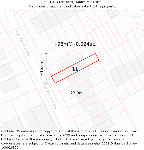 11, THE PASTURES, BARRY, CF62 9ET: Plot and title map