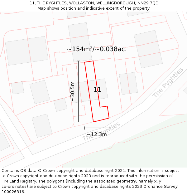 11, THE PYGHTLES, WOLLASTON, WELLINGBOROUGH, NN29 7QD: Plot and title map