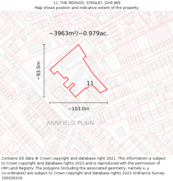 11, THE RIDINGS, STANLEY, DH9 8EE: Plot and title map