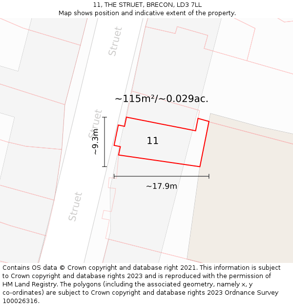 11, THE STRUET, BRECON, LD3 7LL: Plot and title map