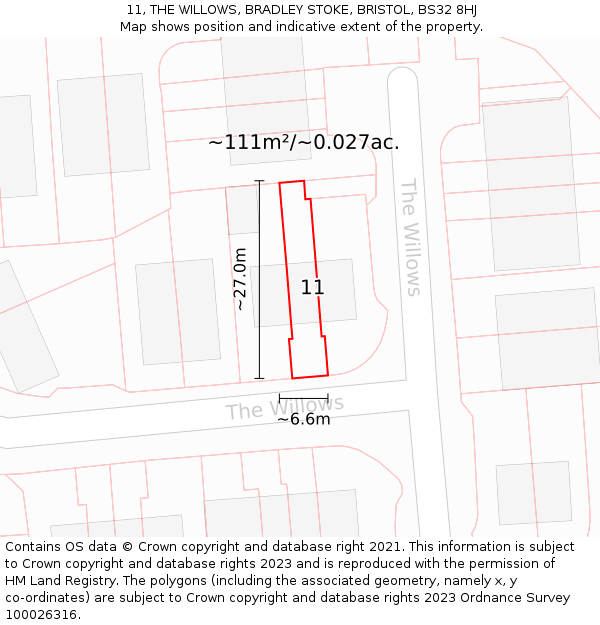 11, THE WILLOWS, BRADLEY STOKE, BRISTOL, BS32 8HJ: Plot and title map