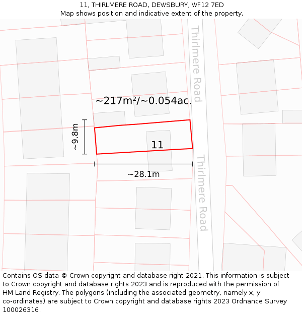 11, THIRLMERE ROAD, DEWSBURY, WF12 7ED: Plot and title map