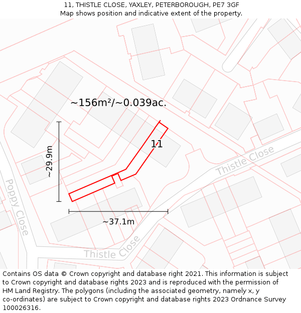 11, THISTLE CLOSE, YAXLEY, PETERBOROUGH, PE7 3GF: Plot and title map