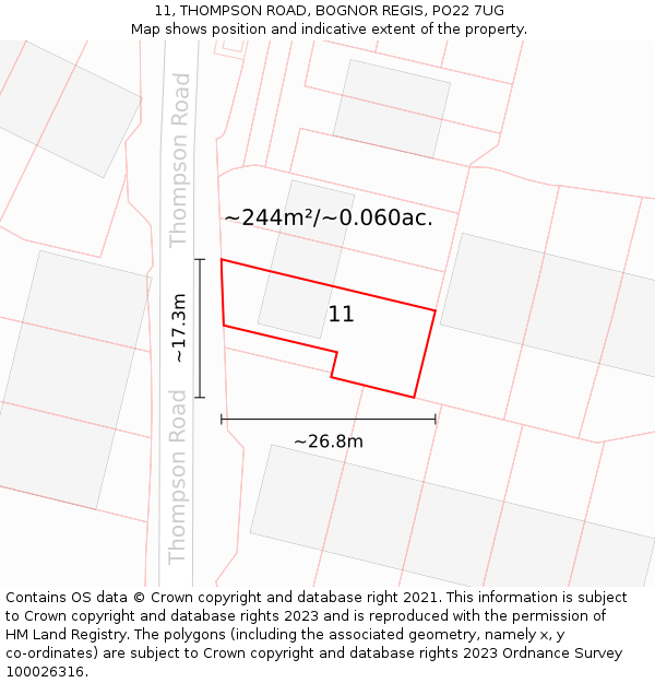 11, THOMPSON ROAD, BOGNOR REGIS, PO22 7UG: Plot and title map