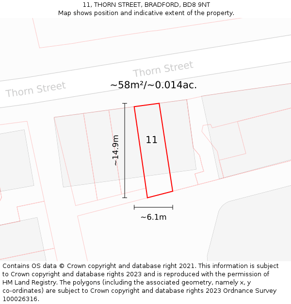 11, THORN STREET, BRADFORD, BD8 9NT: Plot and title map