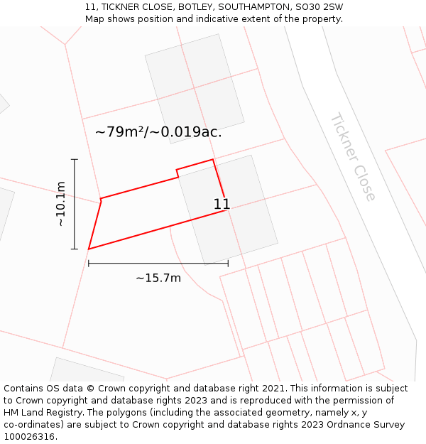 11, TICKNER CLOSE, BOTLEY, SOUTHAMPTON, SO30 2SW: Plot and title map