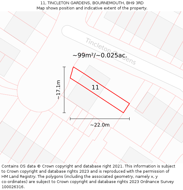 11, TINCLETON GARDENS, BOURNEMOUTH, BH9 3RD: Plot and title map
