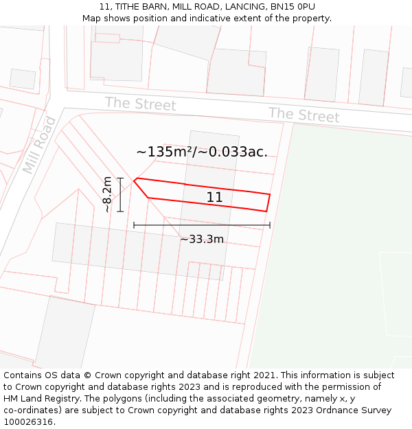 11, TITHE BARN, MILL ROAD, LANCING, BN15 0PU: Plot and title map