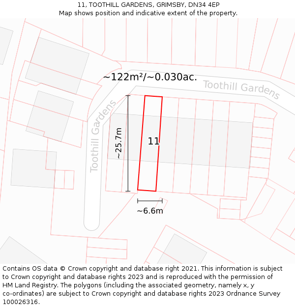 11, TOOTHILL GARDENS, GRIMSBY, DN34 4EP: Plot and title map