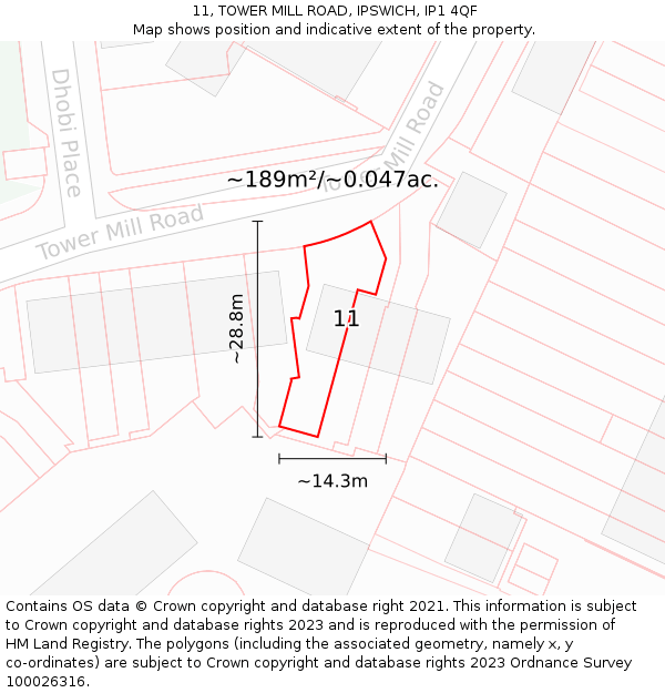 11, TOWER MILL ROAD, IPSWICH, IP1 4QF: Plot and title map