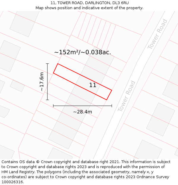 11, TOWER ROAD, DARLINGTON, DL3 6RU: Plot and title map